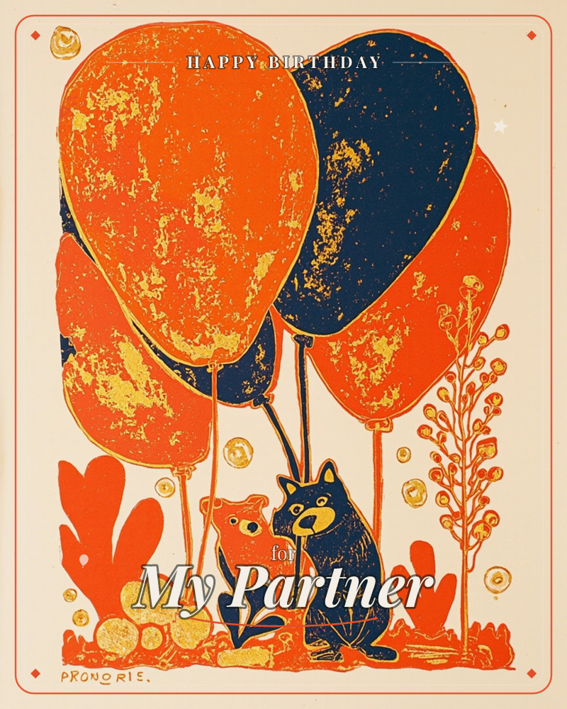 A cluster of oversized heart-shaped balloons in orange and navy floats above two small animal figures, an orange fox and a dark bear-like creature…, a birthday e-card design