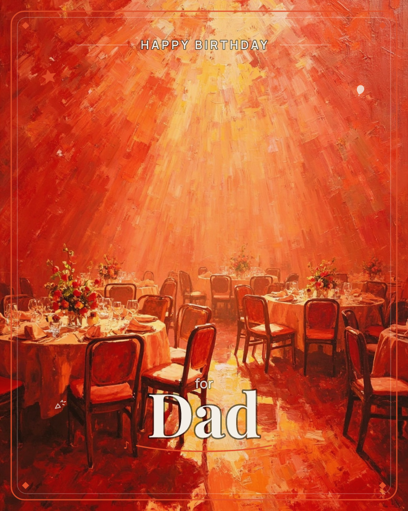 An empty banquet hall glows entirely in red and gold, its round tables set with linens, wine glasses and small flower arrangements waiting for guests, a birthday e-card design