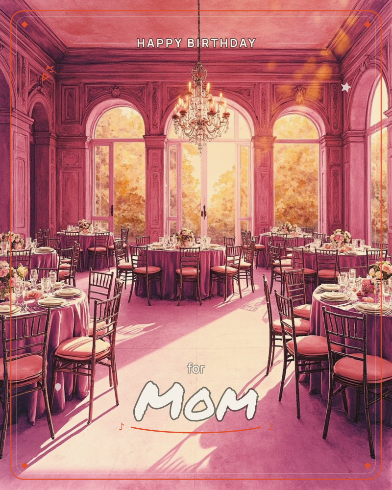 An empty ballroom is set for a celebration, its walls and linens washed entirely in rose and magenta light, a birthday e-card design