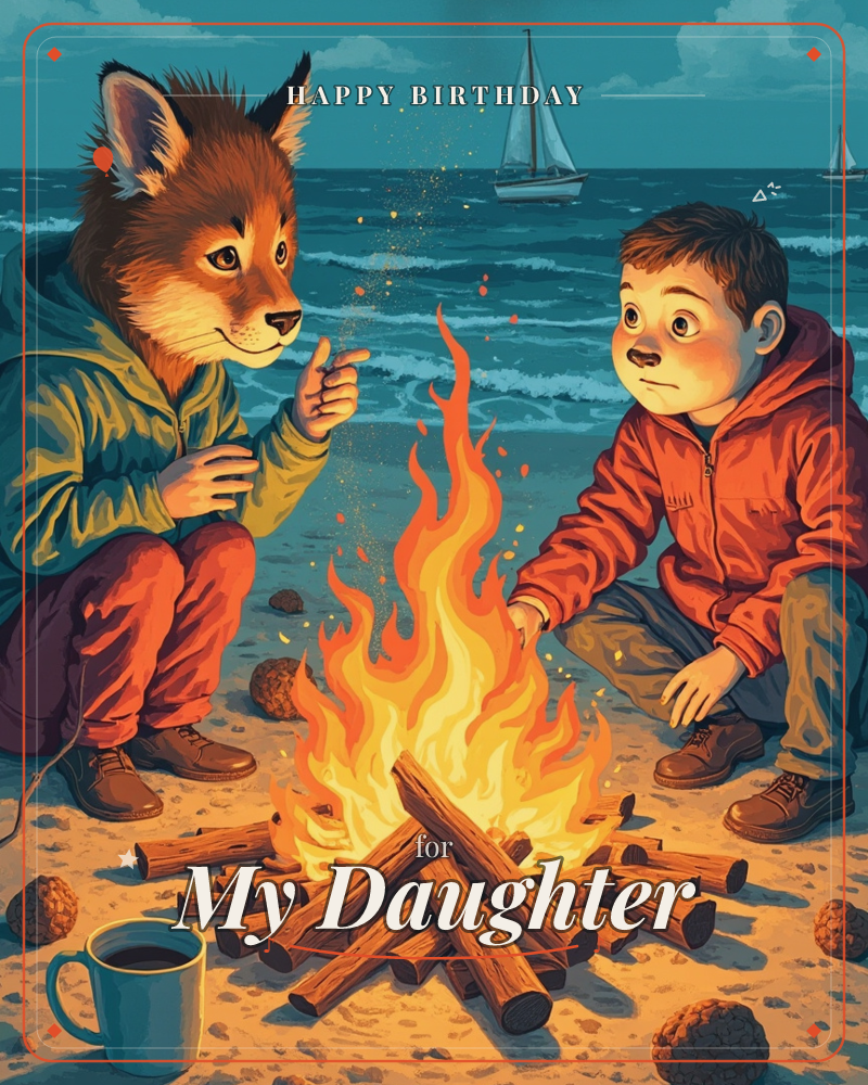 A fox-headed figure in a green hooded jacket sits by a crackling beach bonfire with a child in an orange hoodie, both crouched close to the flames as…, a birthday e-card design