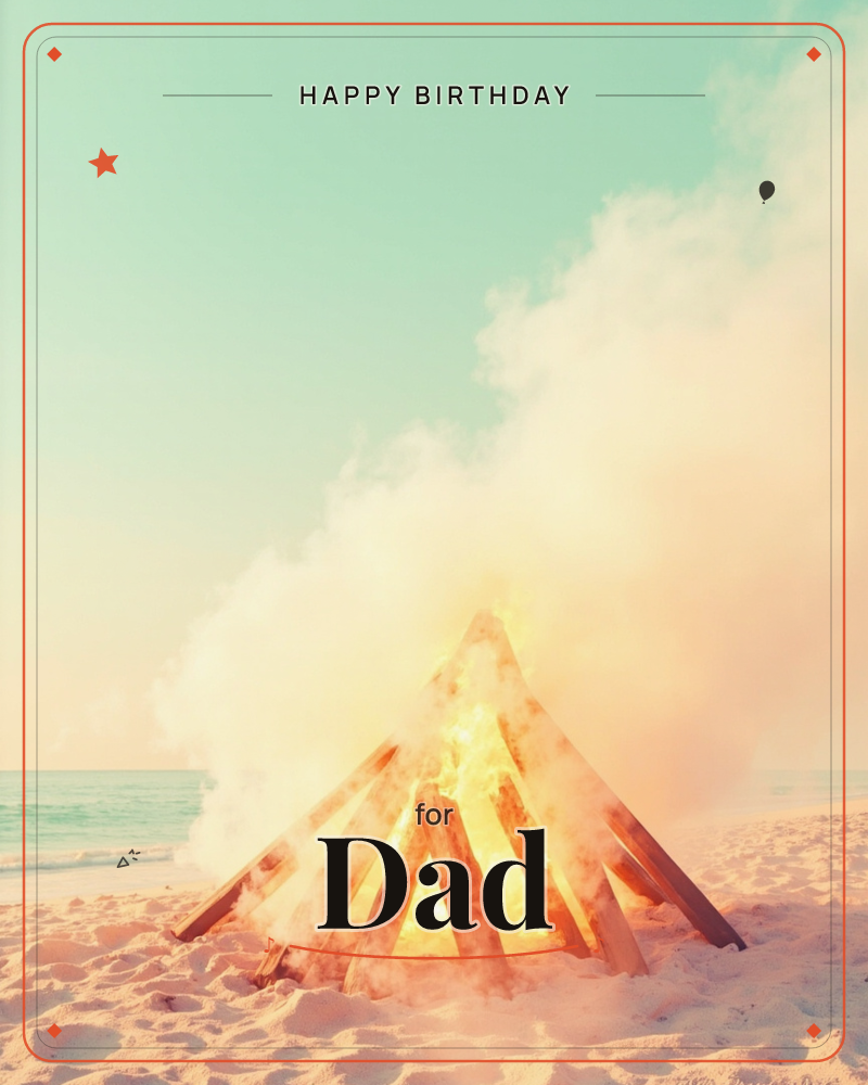 A teepee-shaped bonfire blazes on a sandy beach, its stacked logs glowing orange beneath a billowing plume of pale smoke, a birthday e-card design