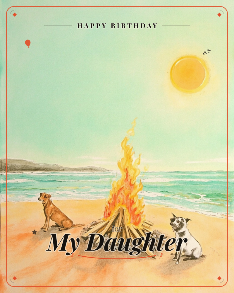 A watercolour beach scene shows two dogs, a brown one and a white one, sitting on either side of a tall bonfire on the sand, a birthday e-card design