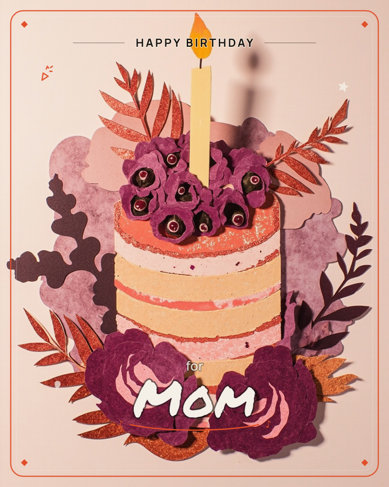 A layered paper-cut birthday cake stands tall with alternating cream and pink tiers, topped with tiny purple flowers and a single lit candle casting a…, a birthday e-card design