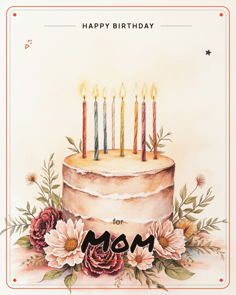 A softly layered naked cake sits on a cream background, its bare golden-brown tiers topped with seven slender lit candles in muted rainbow colours, a birthday e-card design