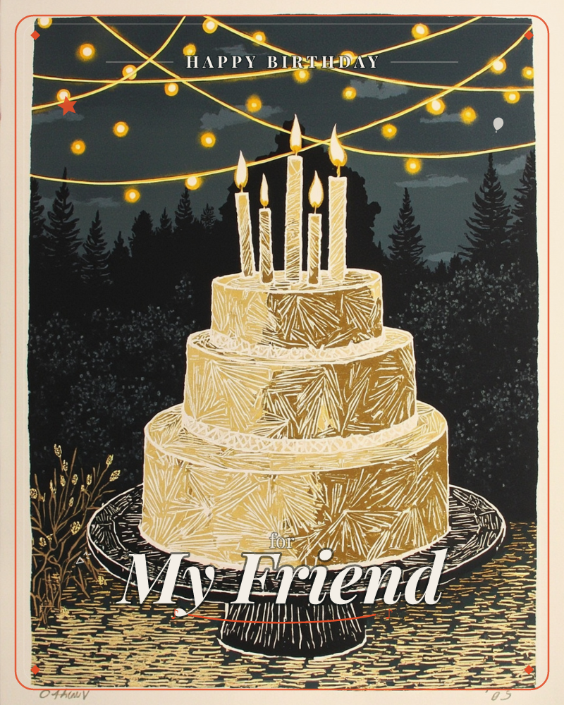 A three-tiered cake sits on a pedestal stand under a night sky strung with glowing string lights that criss-cross above dark pine trees, a birthday e-card design