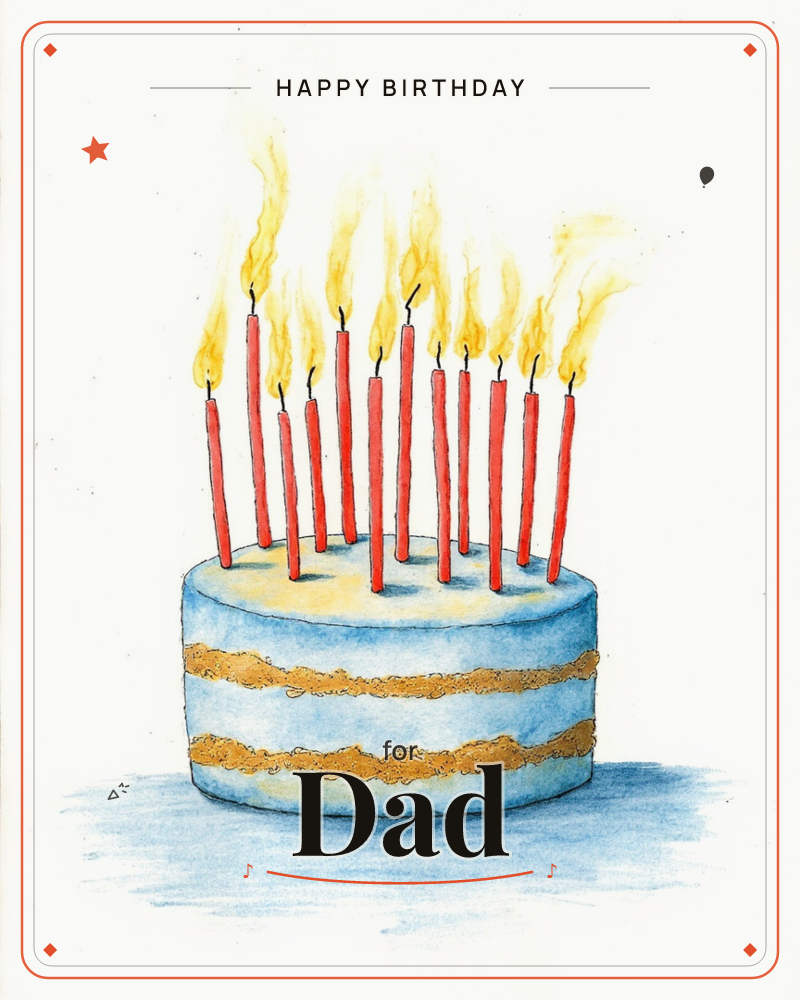 A round layered cake in pale blue icing sits against a plain white background, its two golden-brown filling layers peeking through the sides, a birthday e-card design