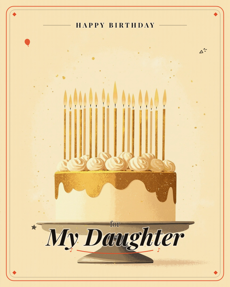 A cream-frosted cake with a dripping gold ganache edge sits on a grey pedestal stand, topped with a dense forest of tall golden candles all lit at once, a birthday e-card design