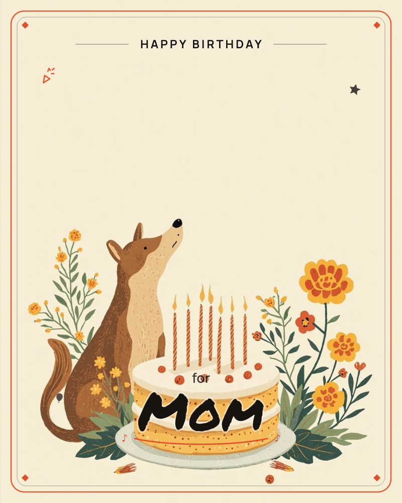 A brown-and-cream fox sits with nose tilted skyward beside a tall layered birthday cake topped with berries and six lit candles, the whole scene framed…, a birthday e-card design
