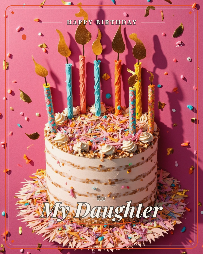 A tall layered cake sits frosted in cream with candles in yellow, blue, coral and pink topped by gold glitter flames shaped like teardrops, a birthday e-card design