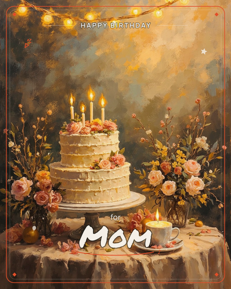 A two-tiered cream-frosted cake glows with four lit candles atop a draped table, flanked by loose bouquets of pink and peach roses, a birthday e-card design