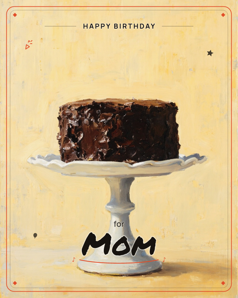 A rich chocolate layer cake sits alone on a white ruffled-edge pedestal stand, its dark frosting thickly swirled and slightly torn at the edges, a birthday e-card design