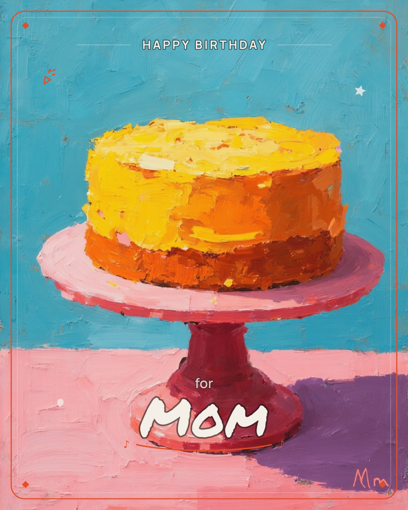 A thickly frosted yellow and orange cake sits on a pink pedestal stand against a bright turquoise wall, its shadow falling in bold violet across a pink…, a birthday e-card design