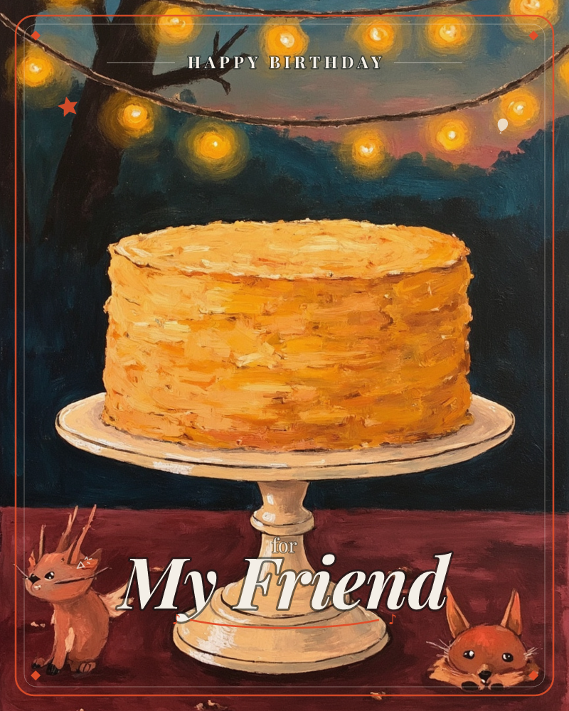 A tall, thickly-frosted layer cake sits on a white pedestal stand beneath strings of glowing party lights, with a dusky blue-purple twilight and…, a birthday e-card design