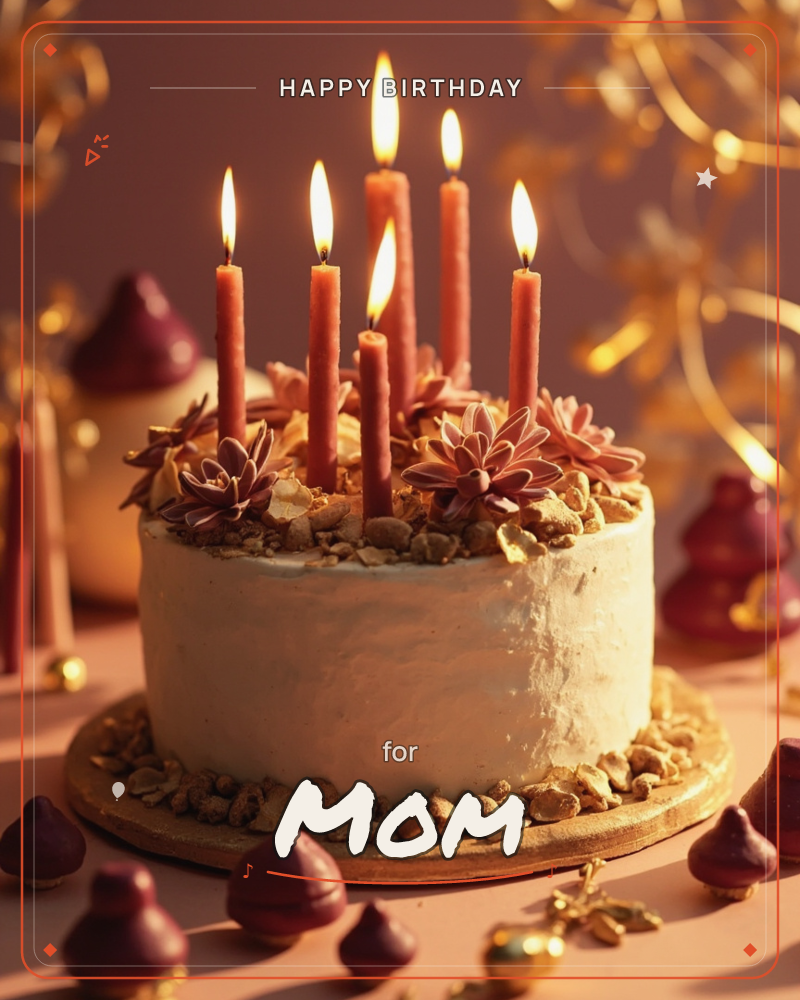 A frosted white cake sits on a gold-rimmed board, topped with dusty pink succulent-like flowers, crumbled nut praline, and six tall lit taper candles…, a birthday e-card design