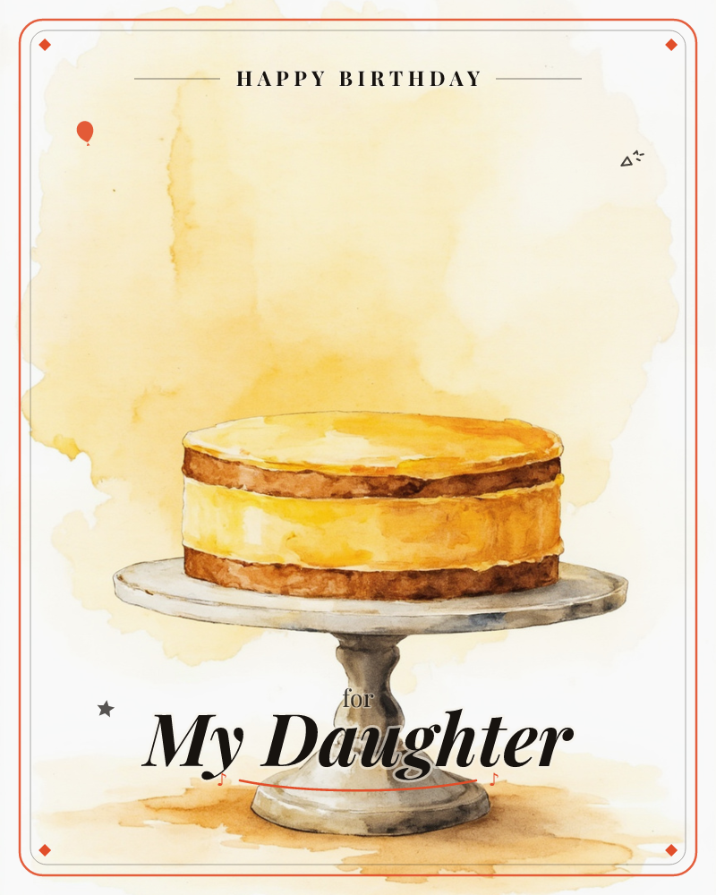 A simple round layer cake with golden icing sits on a grey pedestal stand, painted in loose watercolour against a warm amber wash, a birthday e-card design