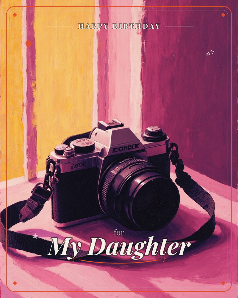A vintage 35mm film camera sits on a pink tabletop, its strap coiled loosely in front, painted against a backdrop of bold vertical stripes in mustard…, a birthday e-card design