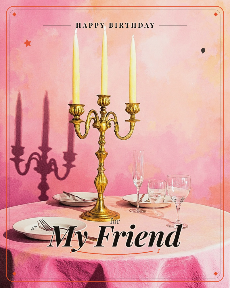 A brass candelabra holds three lit candles at the centre of a round table draped in pink, casting a long dramatic shadow across a mottled…, a birthday e-card design