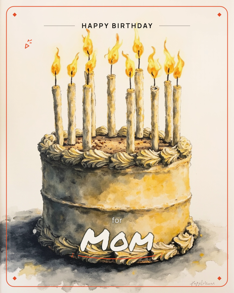 A round layered cake sits against a bare cream background, its buttercream piped in shell-like swirls along the top and base, a birthday e-card design