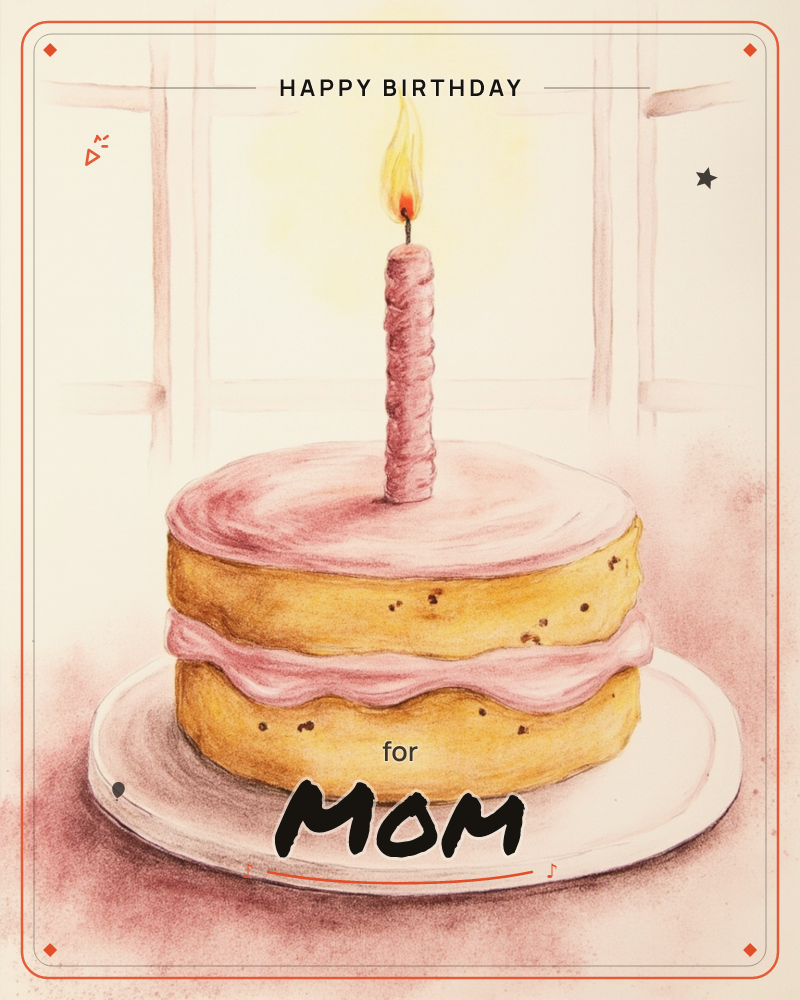 A single-layer sponge cake with pink icing sits on a white plate in front of a sunlit window, one pink candle burning steadily on top, a birthday e-card design
