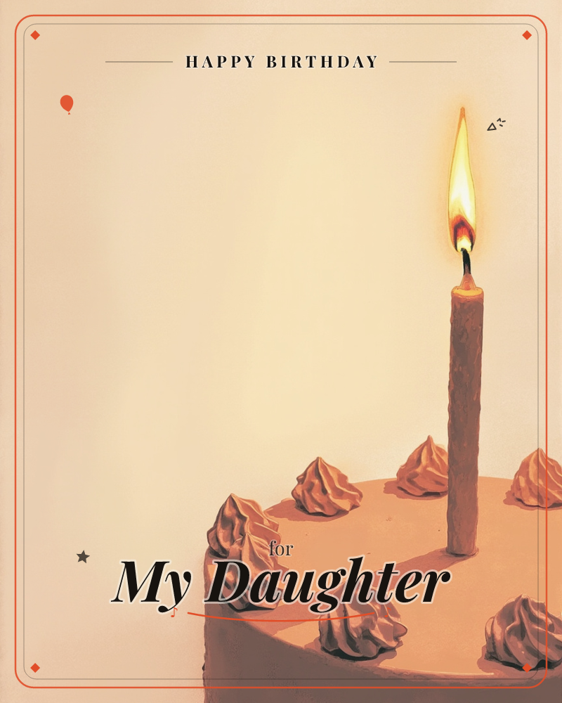 A close-up of a single tall candle burning atop a frosted cake, its swirled cream piping catching the warm glow, a birthday e-card design