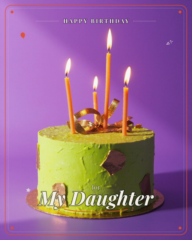 A round cake with textured lime-green frosting sits against a bold violet backdrop, its sides studded with irregular flecks of edible gold leaf, a birthday e-card design