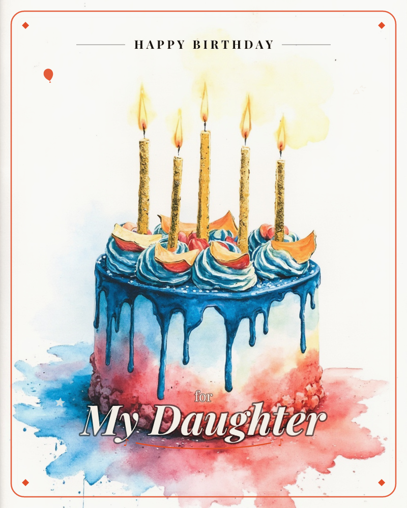 A round layered cake is painted in loose watercolour washes, its blue drizzled icing dripping down over a rosy pink base flecked with crumbs, a birthday e-card design