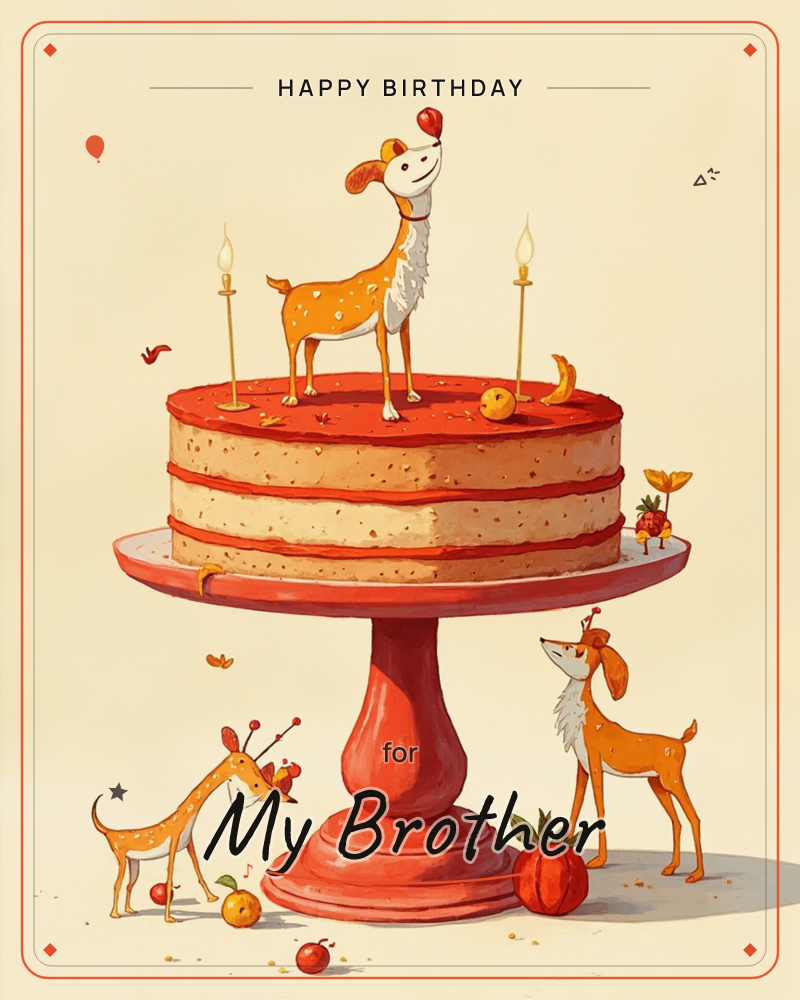 A whimsical layered cake sits atop a red pedestal stand, its frosting studded with tiny painted fruits, while three spotted deer-like creatures gather…, a birthday e-card design