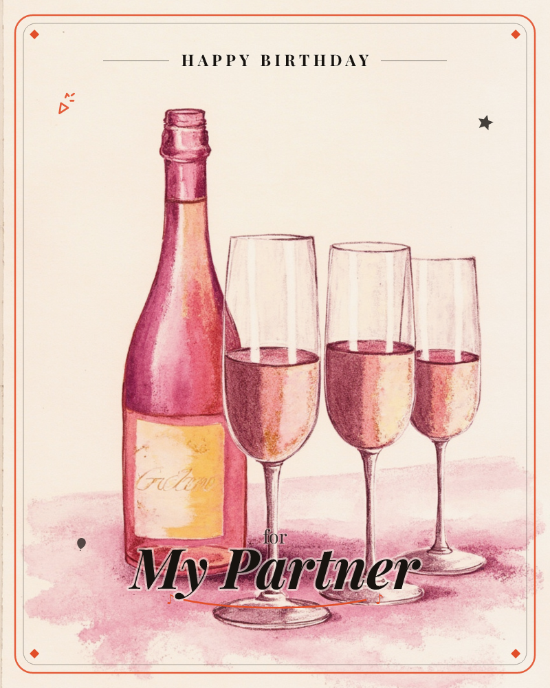 A watercolour bottle of rosé stands beside three champagne flutes filled to the same level, all rendered in warm pinks against a soft cream background, a birthday e-card design