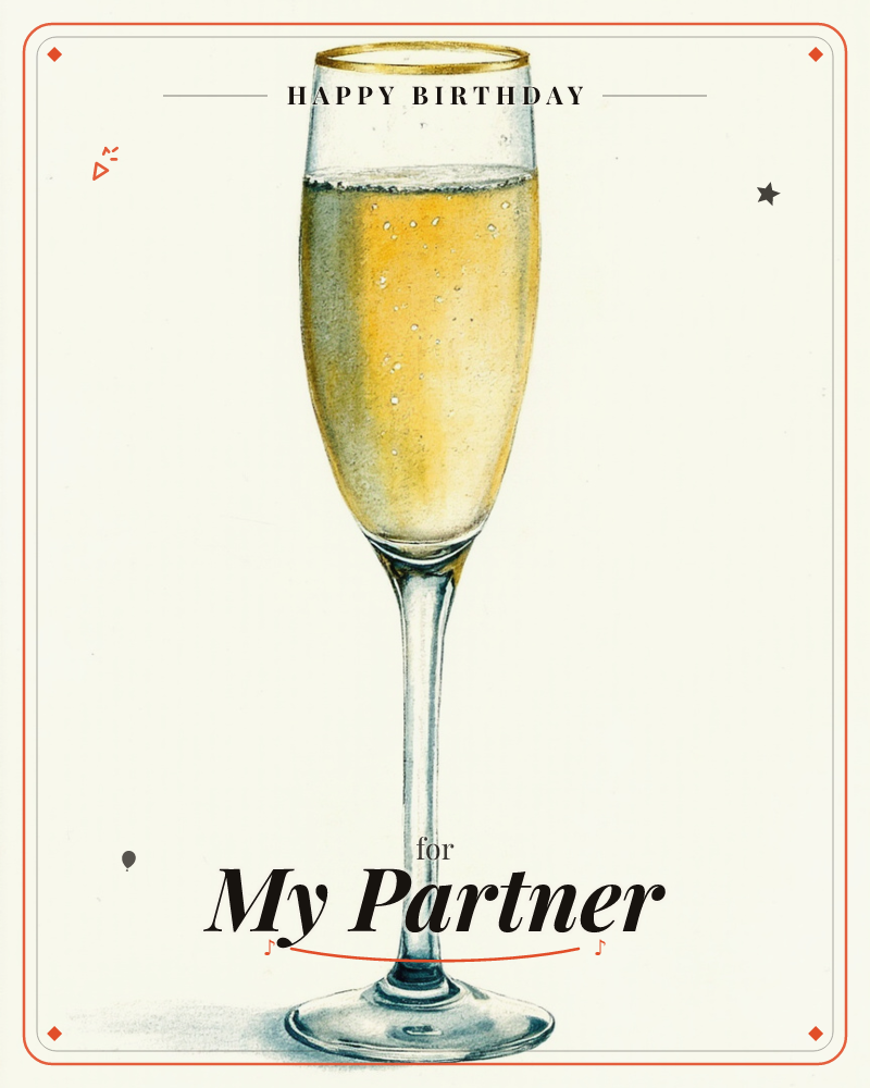 A single champagne flute stands centred on a plain cream background, filled with golden bubbly and rimmed in gold, a birthday e-card design