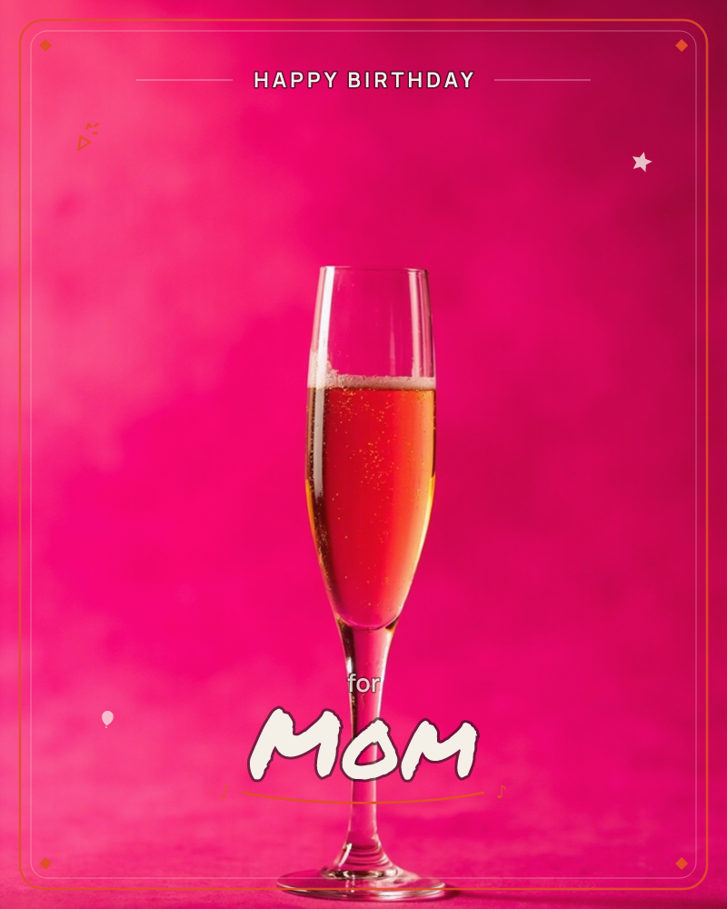 A single champagne flute stands centred against a vivid, smoky magenta backdrop, filled with sparkling rosé and topped with a fine head of bubbles, a birthday e-card design