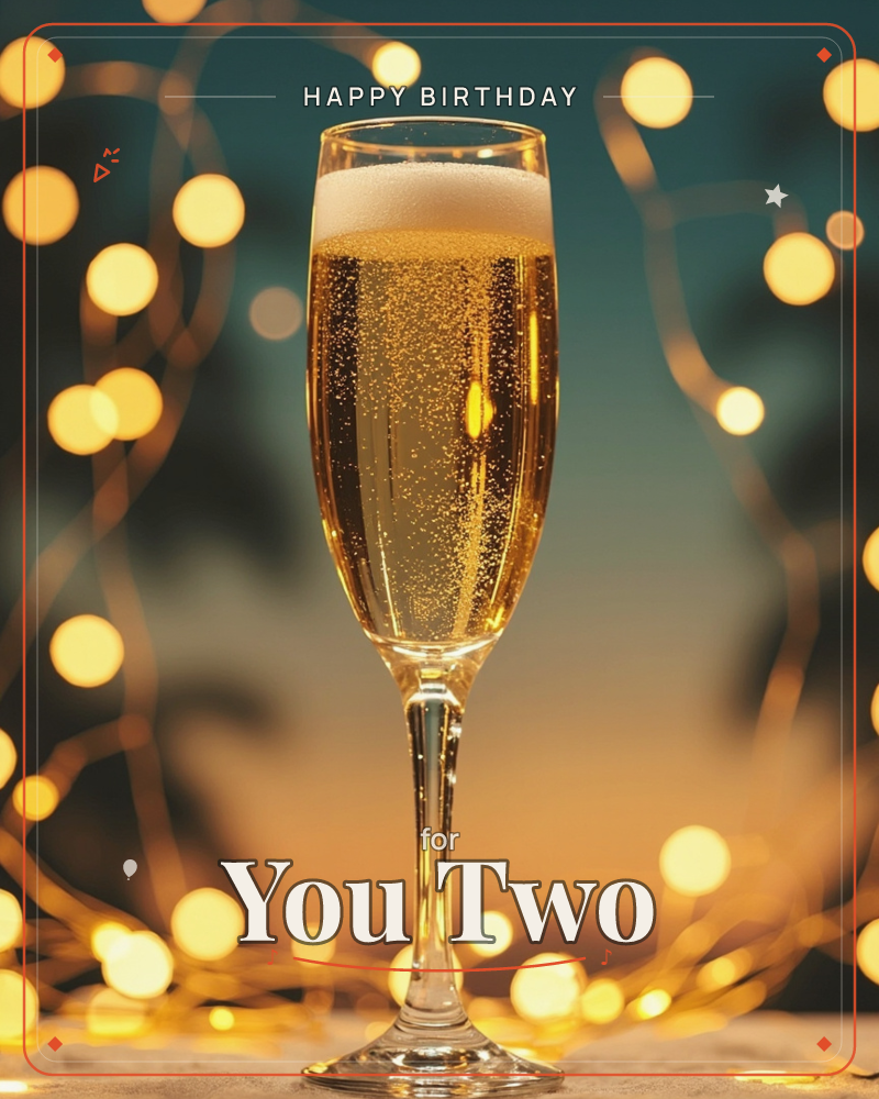 A tall champagne flute stands centred against a dusky teal-to-amber sky, its foaming golden bubbles catching the light, a birthday e-card design