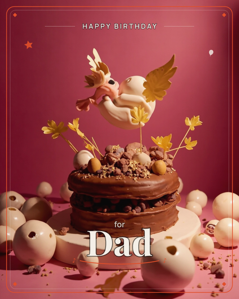 A rich two-layer chocolate cake sits on a round white pedestal against a deep rose-pink background, topped with a whimsical cherub-like figure with…, a birthday e-card design
