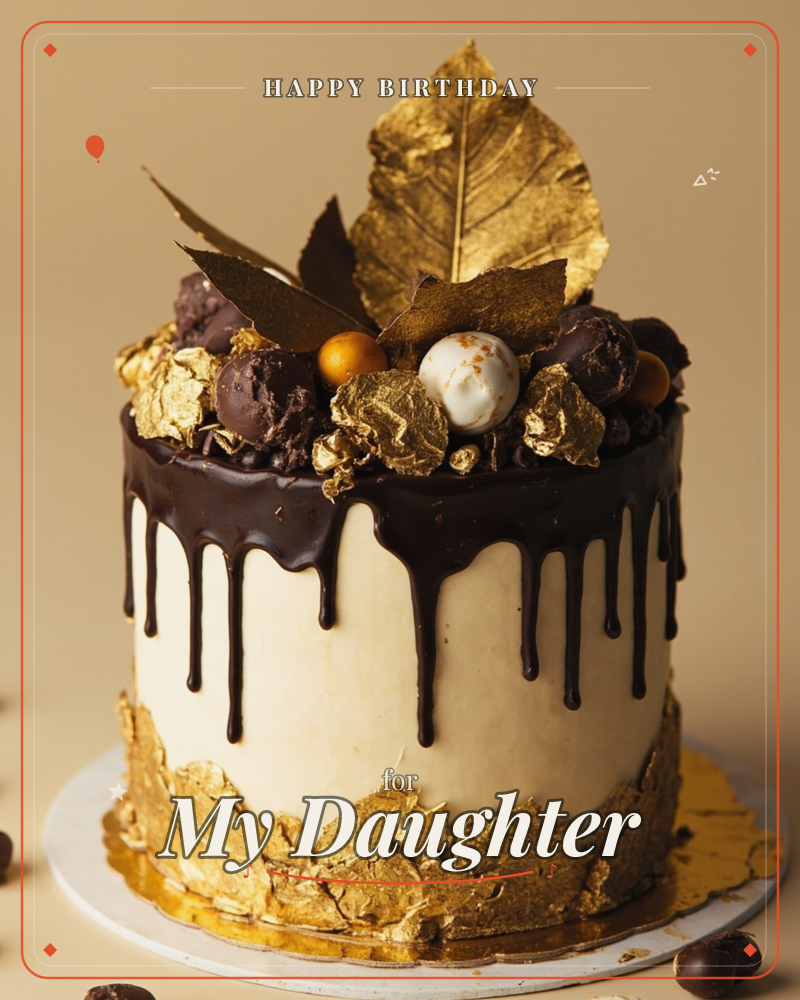 A tall cream-frosted cake stands against a warm beige backdrop, its top dripping with dark chocolate ganache down the sides, a birthday e-card design