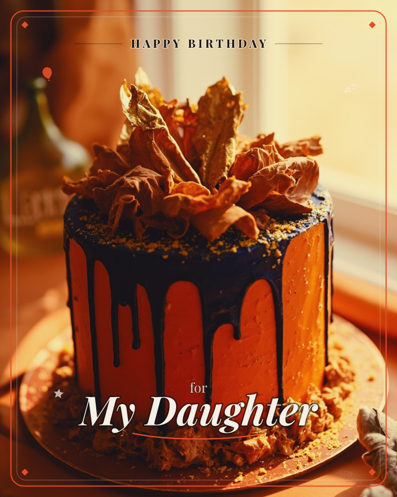 A tall round cake sits by a sunlit window, its burnt-orange buttercream sides streaked with a dark chocolate drip that pools at the base, a birthday e-card design