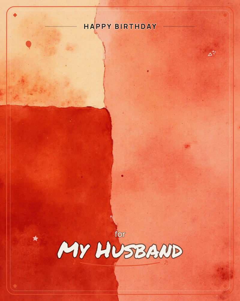 An abstract watercolour wash divides into three blocks of colour: a pale creamy yellow patch top left, a deep rust-red block below it, and a soft…, a birthday e-card design
