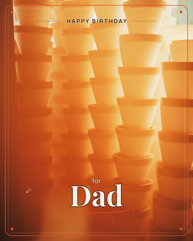 Rows of terracotta plant pots are stacked in tall columns, glowing amber and gold as if lit from behind, a birthday e-card design