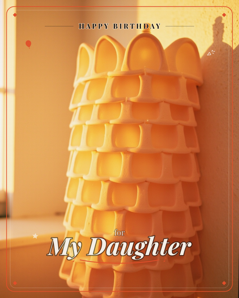 A ribbed ceramic vase or lamp with stacked scalloped tiers stands beside a warm window, bathed in golden afternoon light that turns its surface amber…, a birthday e-card design