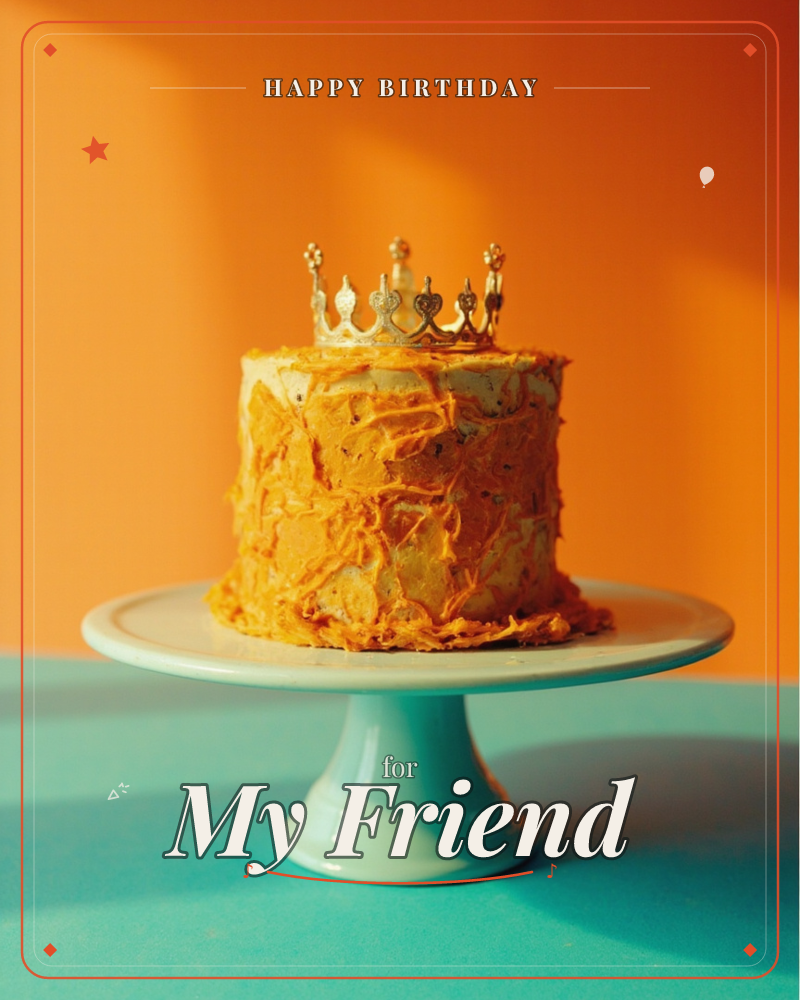 A tall layer cake with rough-swirled orange frosting sits on a mint cake stand, topped with a small silver crown, a birthday e-card design