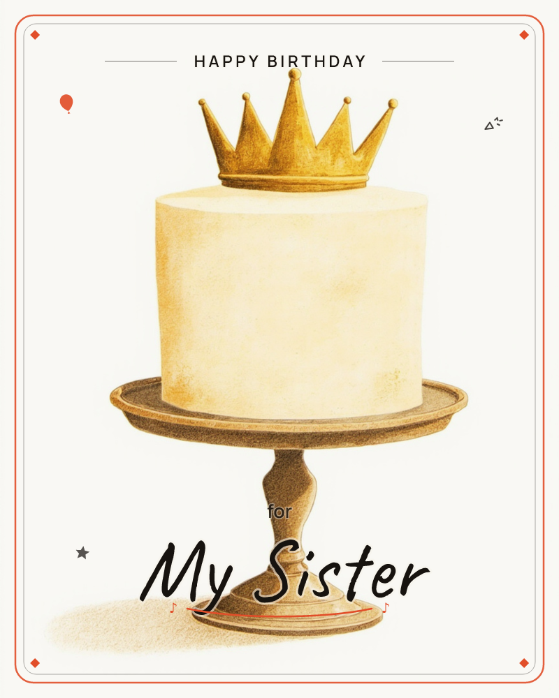 A single-tier cake with smooth cream-coloured frosting sits on an ornate wooden pedestal stand, topped with a golden crown, a birthday e-card design