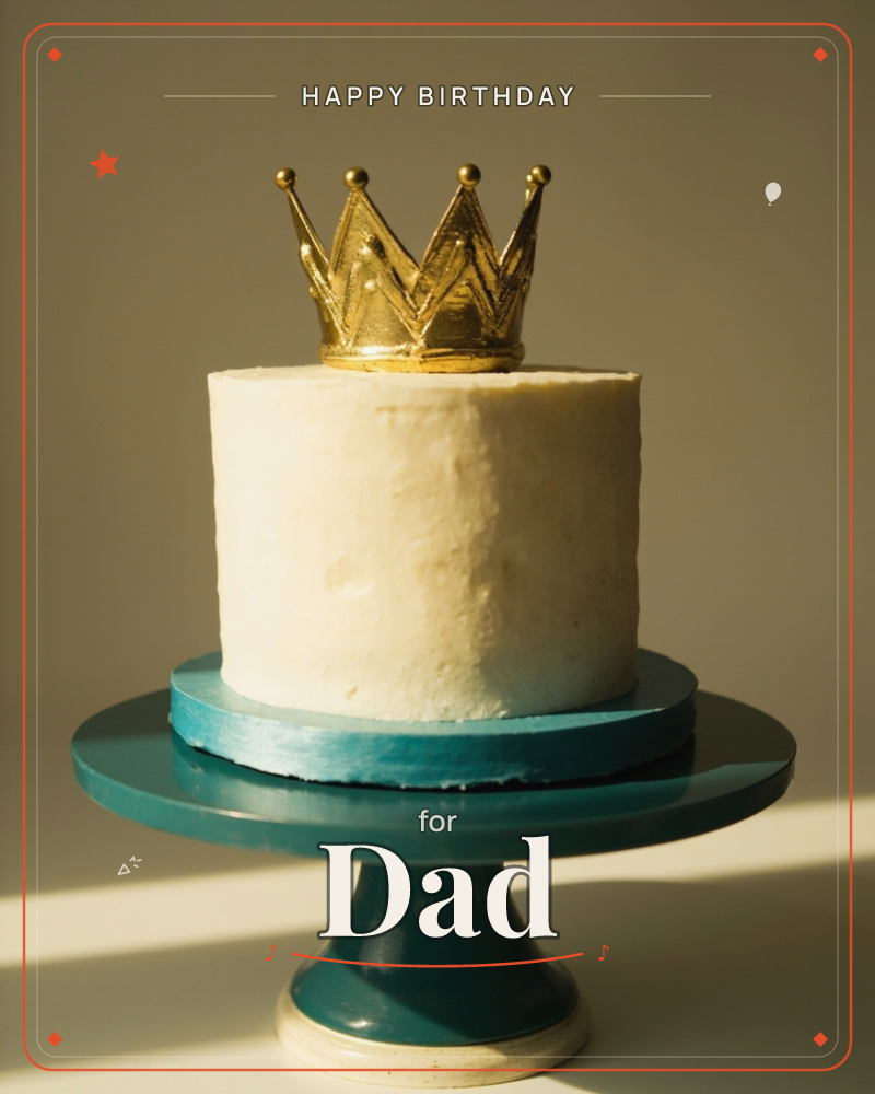 A single-tier cake with smooth ivory buttercream sits on a teal ceramic stand, crowned with a small gold crown topper, a birthday e-card design