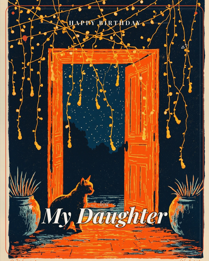 A linocut-style print shows an open orange door framed against a deep navy night sky, strings of glowing lights cascading down from above and pooling…, a birthday e-card design