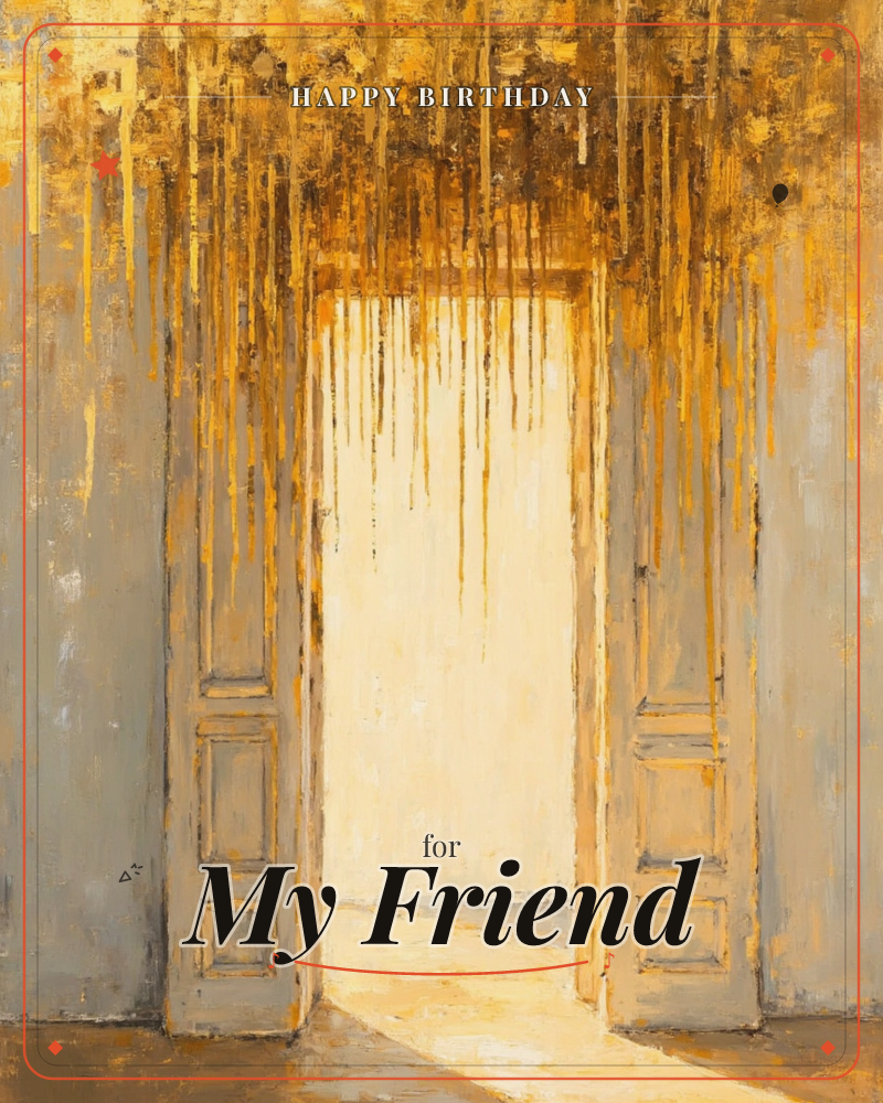 An open double door stands in a soft grey wall, painted with textured strokes, while streaks of gold paint drip from the top of the canvas like molten…, a birthday e-card design