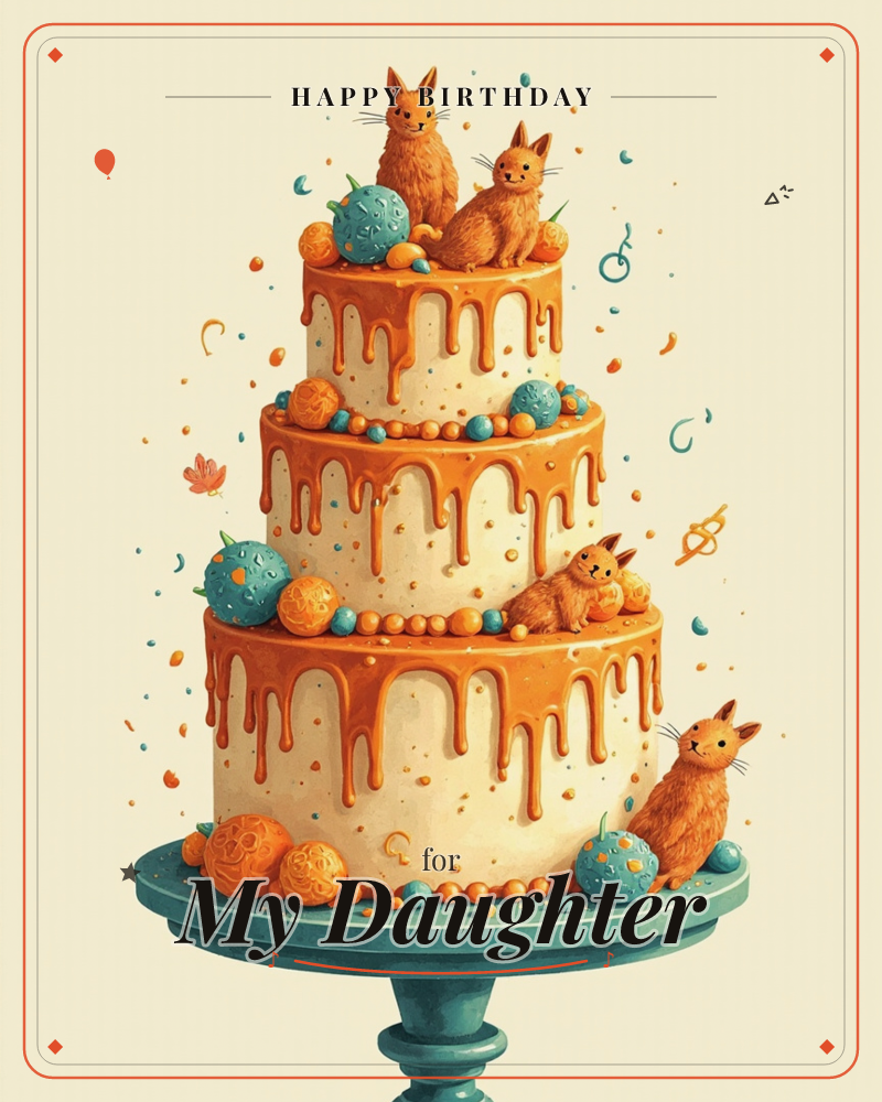 A three-tiered cream cake sits on a teal pedestal stand, dripping with caramel icing and studded with orange and turquoise sugared eggs, a birthday e-card design