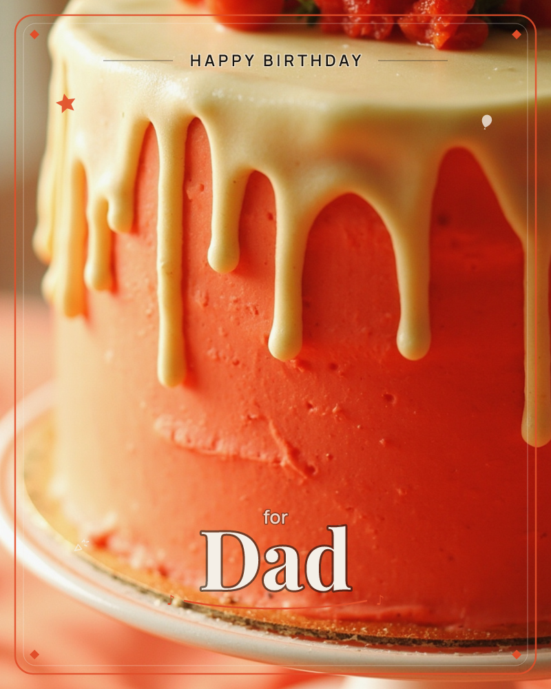 A close-up of a coral-pink frosted cake with pale caramel-coloured ganache dripping down its sides in thick uneven ribbons, topped with a scatter of…, a birthday e-card design