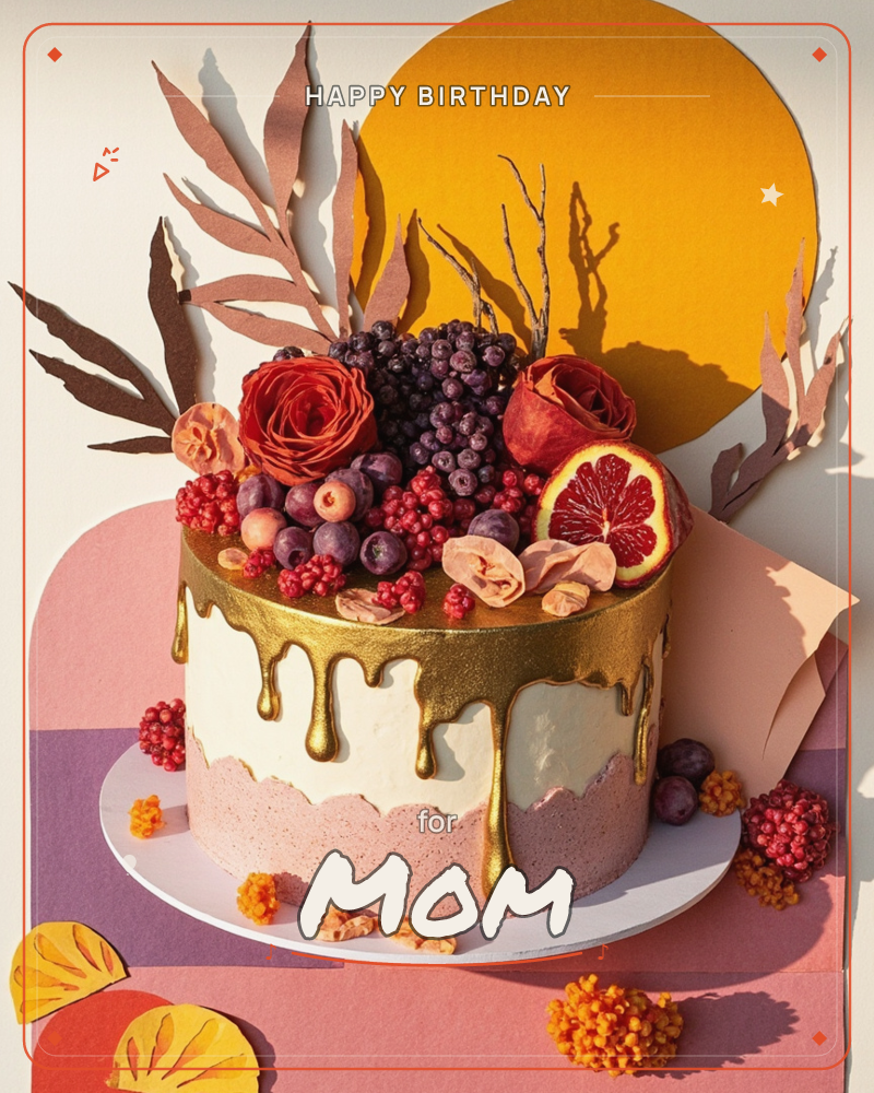 A layered cake dripping with gold icing sits topped with berries, dried citrus slices, and paper roses, all staged against a mustard-yellow sun shape…, a birthday e-card design