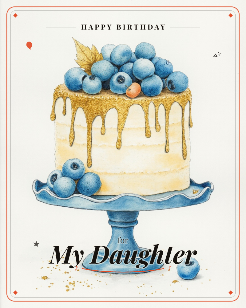 A pale layer cake sits on a scalloped blue cake stand, its sides softly frosted in cream and topped with a golden glaze that drips down in thick…, a birthday e-card design