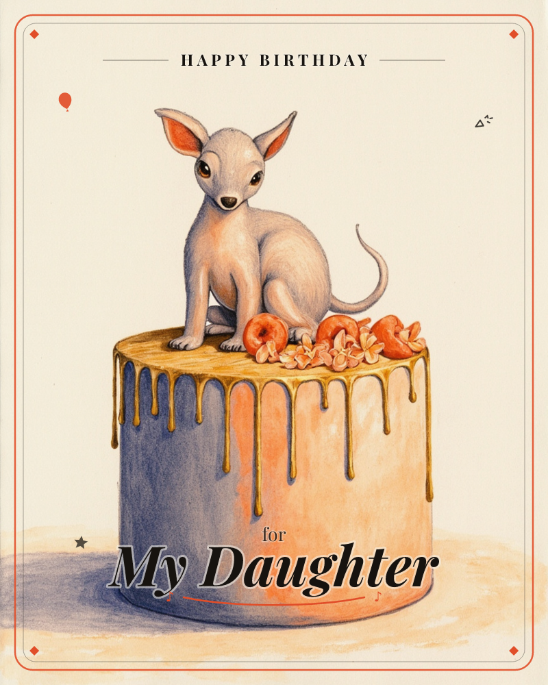 A slender, hairless little dog with oversized ears perches atop a round frosted cake, its surface dripping with golden glaze and scattered with orange…, a birthday e-card design
