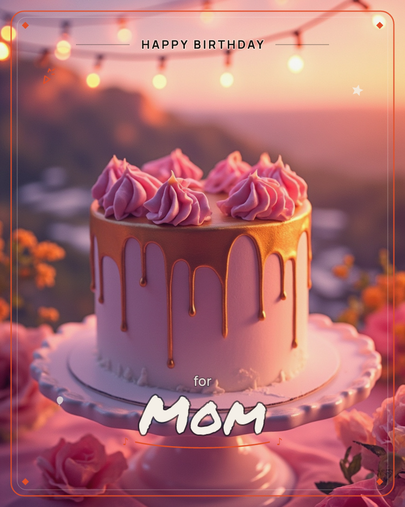 A white cake with a gold drip glaze and pink piped rosettes sits on a scalloped stand, photographed at golden hour with a string of warm bulbs overhead…, a birthday e-card design