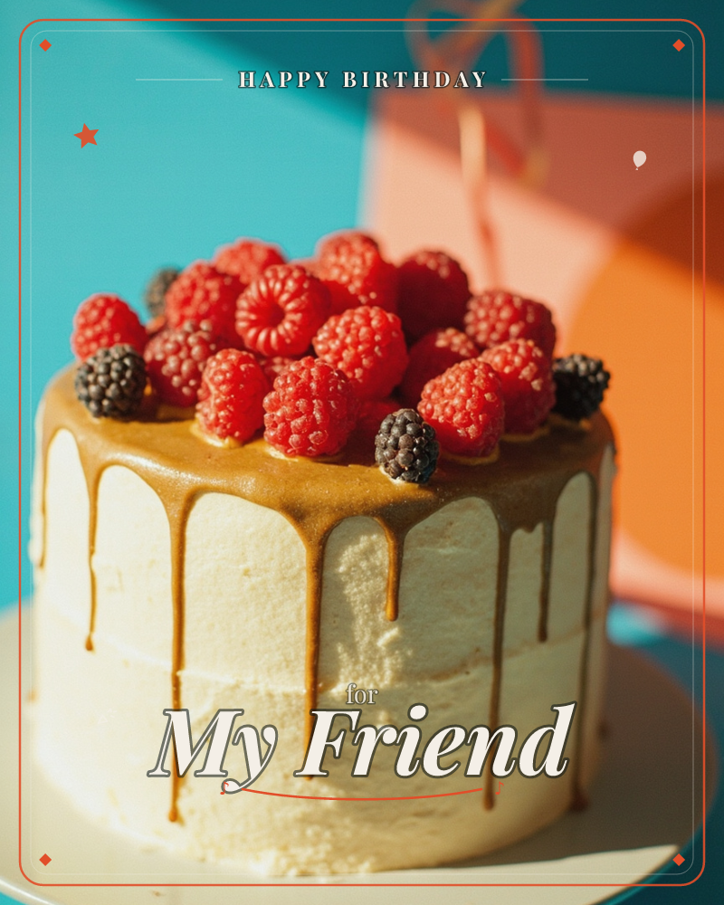 A photographic close-up shows a cream-frosted layer cake with caramel drizzle running down its sides, piled high with fresh raspberries and blackberries, a birthday e-card design