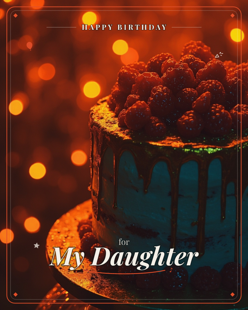 A frosted cake glows under warm amber bokeh lights, its icing drenched in dripping chocolate ganache and piled high with glossy raspberries, a birthday e-card design